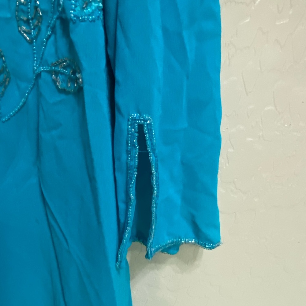 Vibrant Blue Silk Long Top and Sheer Pants Suit adorned with Shimmer Designs - Picture 5 of 5